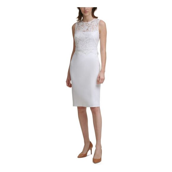 ANNE KLEIN Womens Ivory Zippered Textured Tab Detail Waist Sleeveless V Neck Above The Knee Wear To Work Fit + Flare Dress main image 0